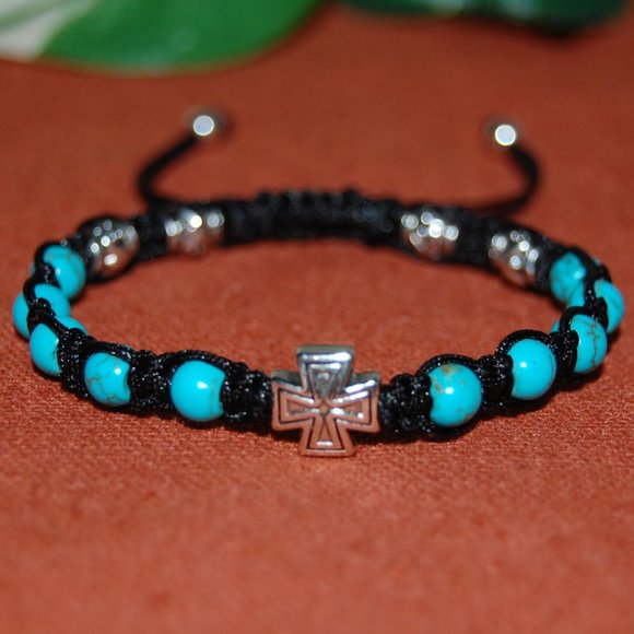 Rosary Bracelet,Drawstring Rosary Bracelet,Turquoise Beads,Cross Rosary Bracelet - Picture 3 of 3